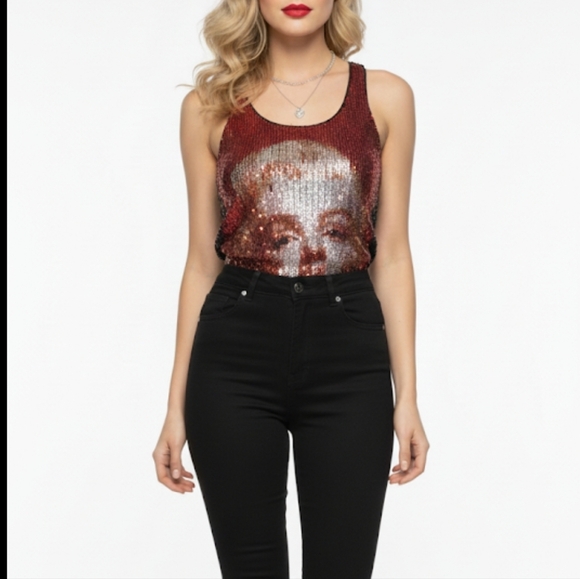 Tops - Vibrant Red and Black  Graphic Sequin Tank Top